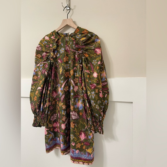 Ulla Johnson Devya Green MultiColor Floral Puff Sleeve Ruffle Shift Dress Size 6 - Picture 4 of 10
